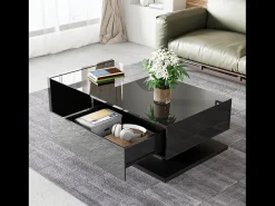 Mesa De Centro| Mesa de centro moderna para sala de estar com 1 gaveta e iluminação LED, tampo de vidro, preta. Preto
