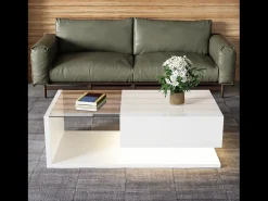 New Mesa de centro moderna para sala de estar com 1 gaveta e iluminação LED, tampo de vidro, branca. Branco