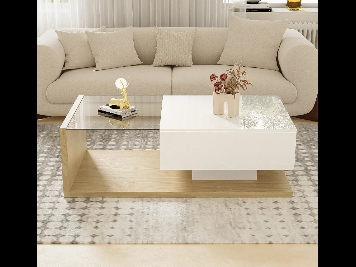 Mesa De Centro| Mesa de centro moderna para sala de estar com 1 gaveta e iluminação LED, tampo de vidro, cor madeira. Branco