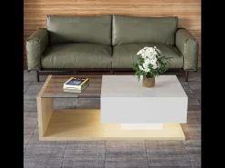 Mesa De Centro| Mesa de centro moderna para sala de estar com 1 gaveta e iluminação LED, tampo de vidro, cor madeira. Branco