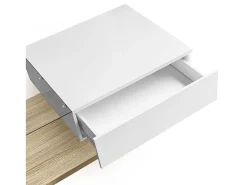 Mesa De Centro| Mesa de centro moderna para sala de estar com 1 gaveta e iluminação LED, tampo de vidro, cor madeira. Branco