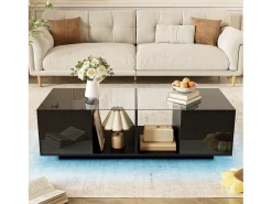 Mesa De Centro* Mesa de centro moderna preta com iluminação LED, duas portas de armário e amplo espaço de armazenamento. Preto
