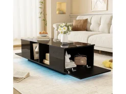 Mesa De Centro* Mesa de centro moderna preta com iluminação LED, duas portas de armário e amplo espaço de armazenamento. Preto