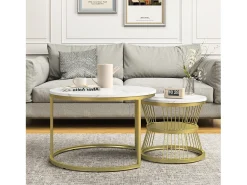 Mesa De Centro* Mesa de centro moderna redonda encaixável - Estrutura em metal, Mesa grande: 70 x 45 cm, Mesa pequena: 45 x 40 cm - Dourado Amarelo