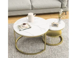 Mesa De Centro* Mesa de centro moderna redonda encaixável - Estrutura em metal, Mesa grande: 70 x 45 cm, Mesa pequena: 45 x 40 cm - Dourado Amarelo