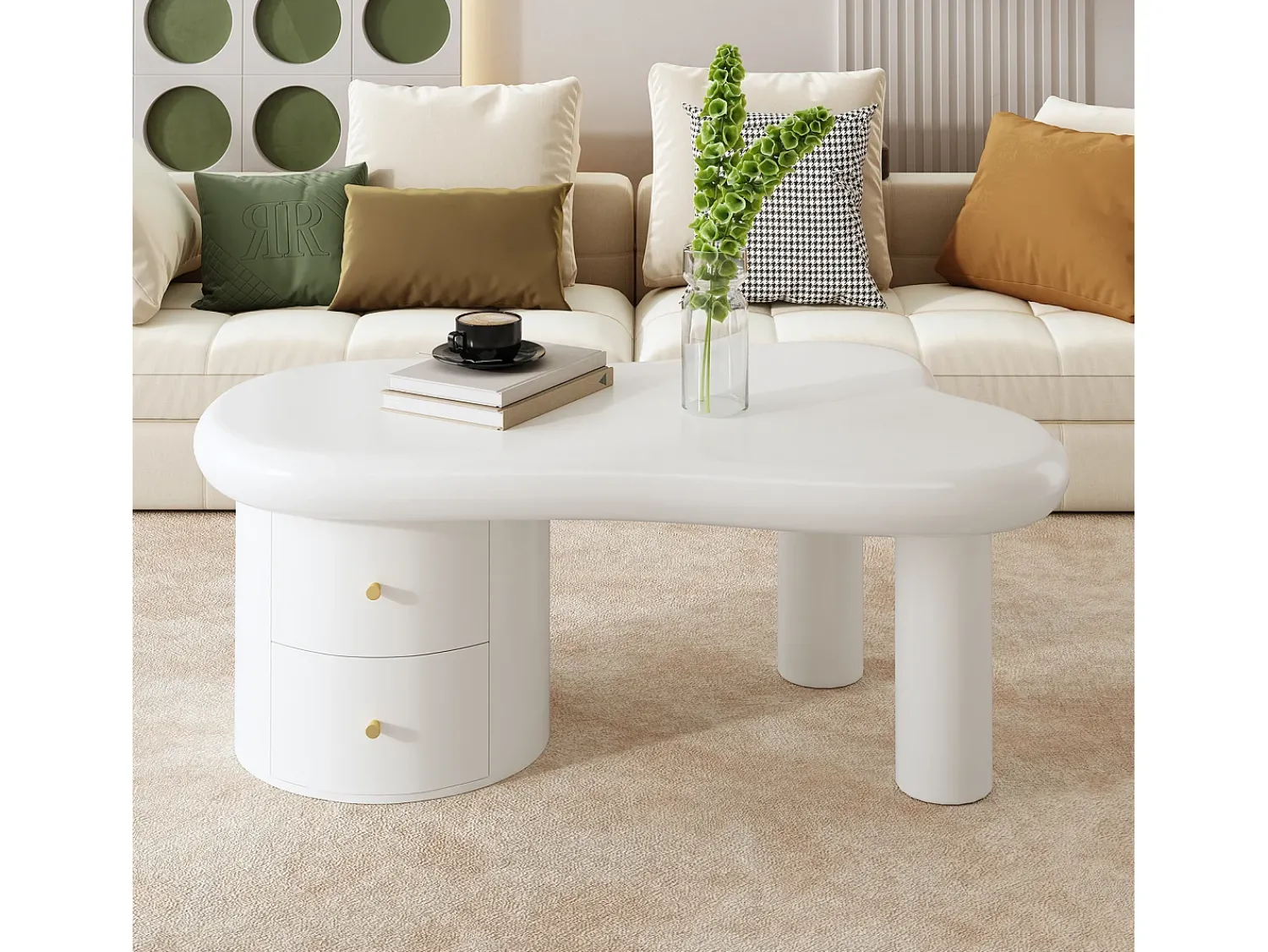 Mesa De Centro|ModernLuxe Mesa de centro moderna 97x64x42cm - forma irregular - 2 gavetas - Branco