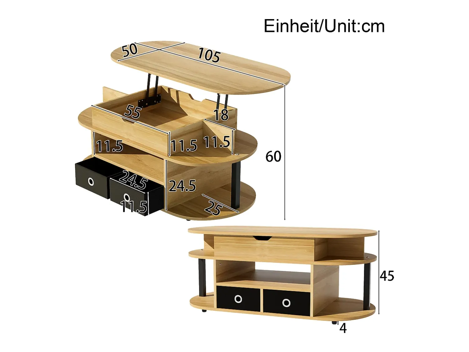 Mesa De Centro*ModernLuxe Mesa de centro moderna 105x50x60 cm - Função elevatória - 2 gavetas - Múltiplos compartimentos de armazenamento - Natural + preto Natural claro