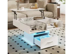 Mesa De Centro* Mesa de centro multifuncional com acabamento laqueado brilhante, iluminação LED, altura ajustável e espaço de armazenamento flexível, branca. Branco