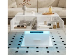Mesa De Centro* Mesa de centro multifuncional com acabamento laqueado brilhante, iluminação LED, altura ajustável e espaço de armazenamento flexível, branca. Branco