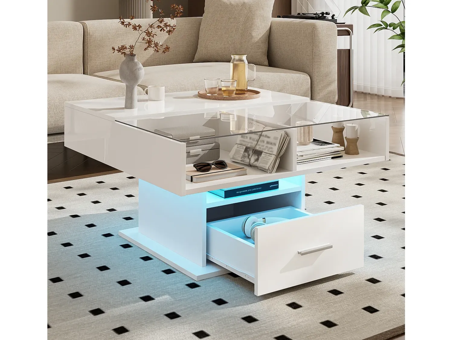 Mesa De Centro* Mesa de centro multifuncional com acabamento laqueado brilhante, iluminação LED, altura ajustável e espaço de armazenamento flexível, branca. Branco