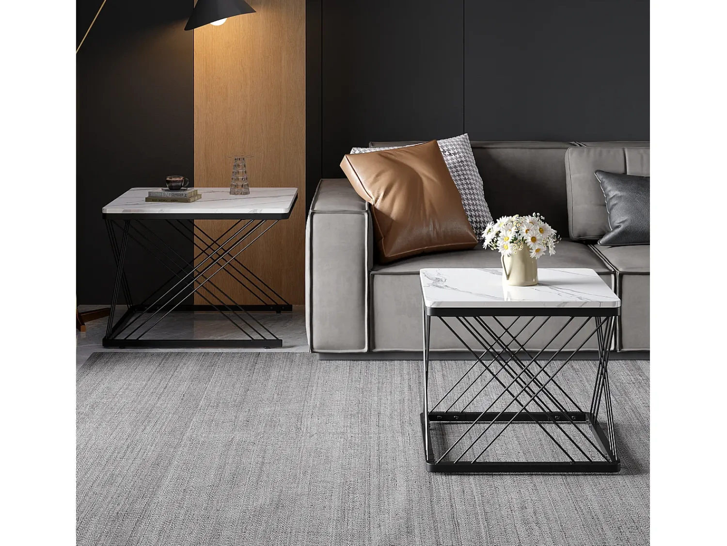 Mesa De Centro|Hauss Spole Mesa de centro nido - Juego de 2 - Tablero efecto mármol de alto brillo - Blanco y negro Branco