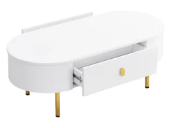 Clearance Hauss Spole Mesa de centro oval 108x50x40 com 2 gavetas, estrutura branca com puxadores e pés em metal dourado. Branco