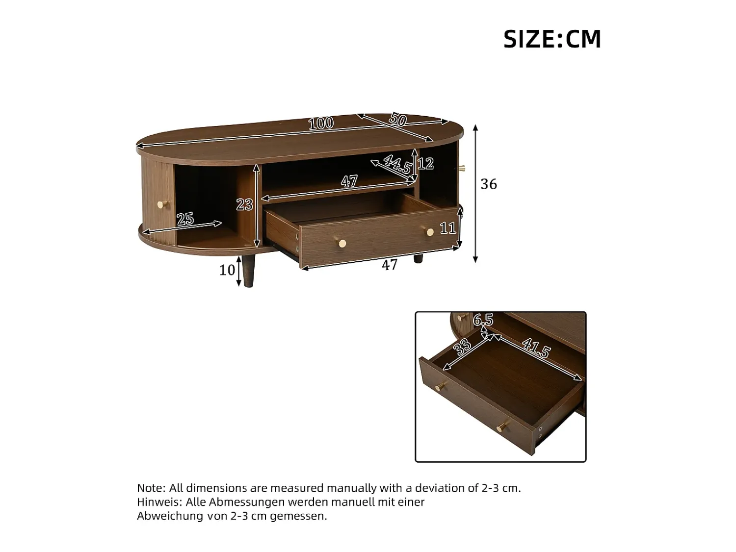 ModernLuxe Mesa de centro ovalada 100x50x36 cm - 1 gaveta e 2 portas de correr - Armazenamento aberto - Folheado nogueira - MDF - Marrom^ Mesa De Centro