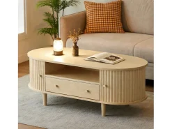 ModernLuxe Mesa de centro ovalada 100x50x36 cm - 1 gaveta e 2 portas de correr - Armazenamento aberto - Folheado nogueira - MDF - Natural^ Mesa De Centro