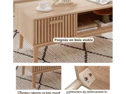 Consola| Mesa de centro para sala de estar com armazenamento - tampo resistente, pernas de madeira maciça, painel de arte arejado, gerenciamento de cabos, 100x50x43 cm Natural claro