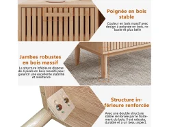 Consola| Mesa de centro para sala de estar com armazenamento - tampo resistente, pernas de madeira maciça, painel de arte arejado, gerenciamento de cabos, 100x50x43 cm Natural claro