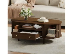 Mesa De Centro*Merax Mesa de centro para sala de estar - 100 x 50 x 36 cm - com gaveta + espaço de armazenamento aberto + portas de correr - MDF - marrom Castanho