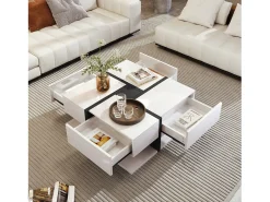 Clearance Mesa de centro para sala de estar com 4 gavetas, design moderno, duas prateleiras, multifuncional, branca. Branco