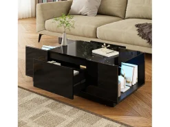Discount Mesa de centro preta - Mesa de centro com iluminação LED e 2 gavetas - Tampo em vidro Preto