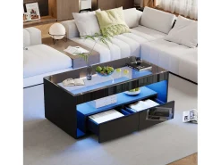 Mesa de centro preta - Mesa de sala com 2 gavetas e iluminação LED de 16 cores - Tampo em vidro temperado^ Mesa De Centro
