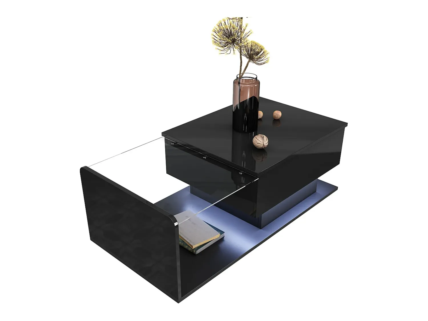 Sale Mesa de centro preta brilhante - Mesa de centro com iluminação LED e tampo em vidro - Tampo ajustável Preto