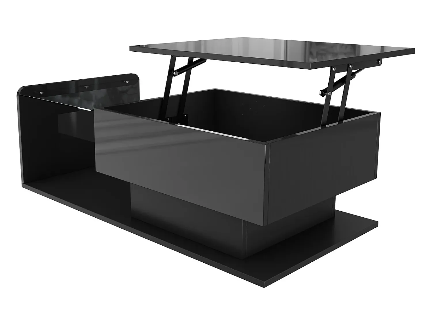Sale Mesa de centro preta brilhante - Mesa de centro com iluminação LED e tampo em vidro - Tampo ajustável Preto