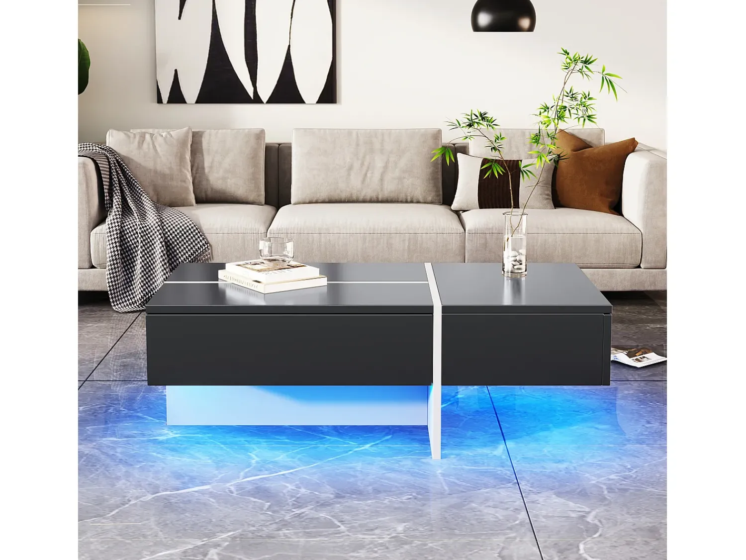 Mesa De Centro|Merax Mesa de centro preta brilhante, mesa de sala, tampo em mármore com LED, 100 x 50 x 34,5 cm Preto