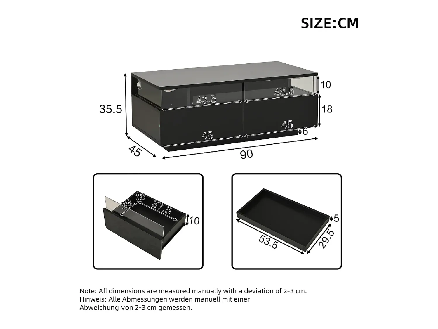 Hauss Spole Mesa de centro preta com 2 gavetas, iluminação LED e tampo amovível 90x45x35,5cm^ Mesa De Centro