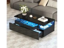Hauss Spole Mesa de centro preta com 2 gavetas, iluminação LED e tampo amovível 90x45x35,5cm^ Mesa De Centro