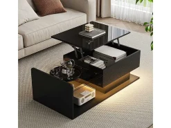 Mesa de centro preta com tampo de vidro e acabamento brilhante, mesa lateral com LED e gaveta preta.^ Mesa De Centro