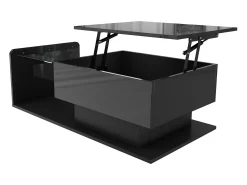 Mesa de centro preta com tampo de vidro e acabamento brilhante, mesa lateral com LED e gaveta preta.^ Mesa De Centro