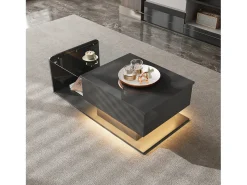 Mesa de centro preta com tampo de vidro e acabamento brilhante, mesa lateral com LED e gaveta preta.^ Mesa De Centro