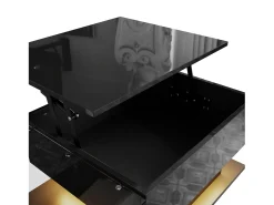 Mesa de centro preta com tampo de vidro e acabamento brilhante, mesa lateral com LED e gaveta preta.^ Mesa De Centro