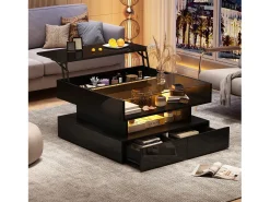 Clearance Mesa de centro preta com iluminação LED - Mesa de centro com 2 gavetas e tampo elevável - arrumação aberta Preto