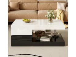 Mesa De Centro* Mesa de centro preta e branca - Mesa de centro moderna com iluminação LED e prateleiras em vidro - Acabamento brilhante Branco
