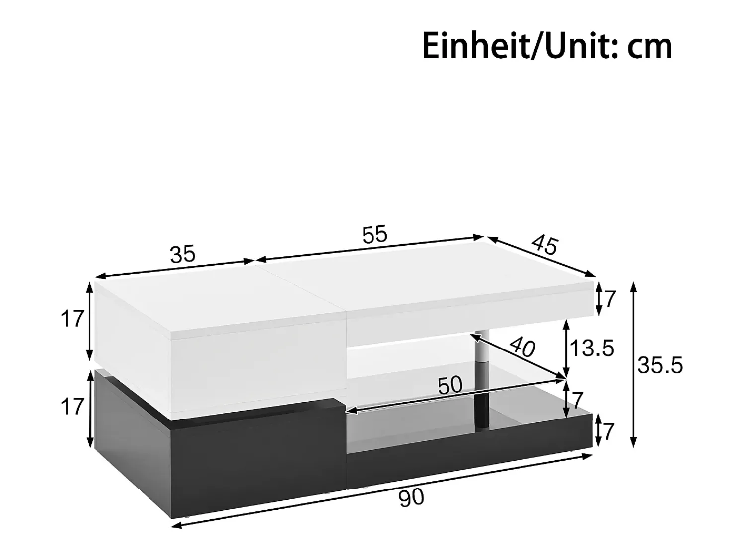 Mesa De Centro* Mesa de centro preta e branca - Mesa de centro moderna com iluminação LED e prateleiras em vidro - Acabamento brilhante Branco