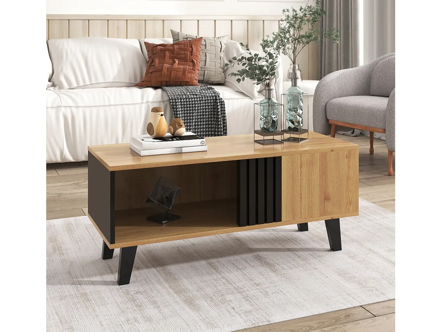 New Hauss Spole Mesa de centro preta natural e clara com funções de arrumação versáteis, 100x60x45cm Natural claro