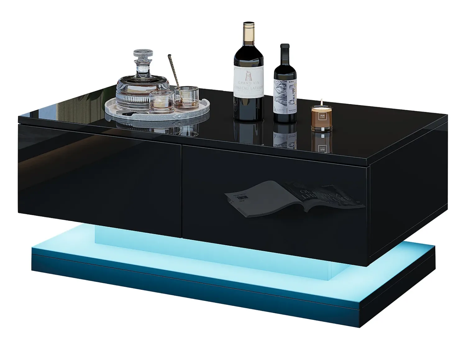 Mesa de centro preta retangular - Mesa de centro com iluminação LED e 2 gavetas - Acabamento alto brilho^ Mesa De Centro