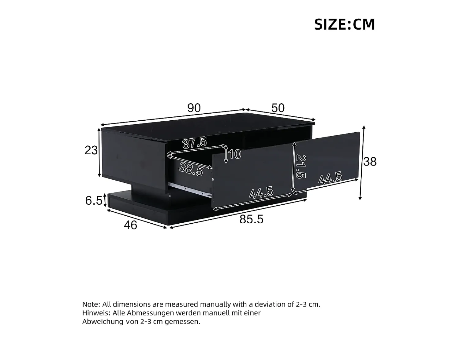 Mesa de centro preta retangular - Mesa de centro com iluminação LED e 2 gavetas - Acabamento alto brilho^ Mesa De Centro