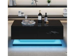 Mesa de centro preta retangular - Mesa de centro com iluminação LED e 2 gavetas - Acabamento alto brilho^ Mesa De Centro