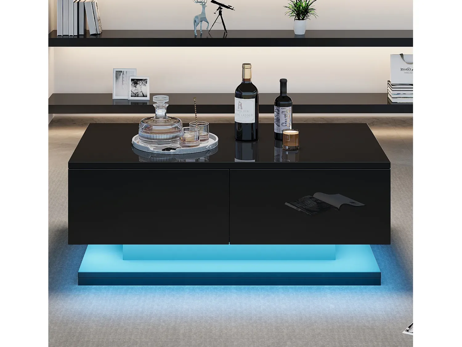 Mesa de centro preta retangular - Mesa de centro com iluminação LED e 2 gavetas - Acabamento alto brilho^ Mesa De Centro