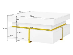 Hot Mesa de centro quadrada - Mesa de centro branca com 2 gavetas - Acabamento dourado - para sala de estar e escritório Branco