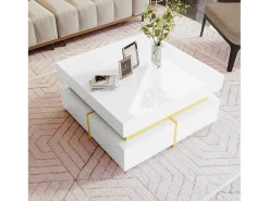 Hot Mesa de centro quadrada - Mesa de centro branca com 2 gavetas - Acabamento dourado - para sala de estar e escritório Branco
