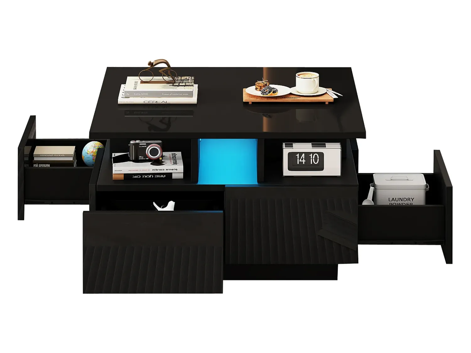 Mesa De Centro|ModernLuxe Mesa de centro quadrada brilhante 70×70×40 cm - com iluminação LED - 4 gavetas - Preto
