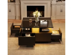 Mesa De Centro|ModernLuxe Mesa de centro quadrada brilhante 70×70×40 cm - com iluminação LED - 4 gavetas - Preto