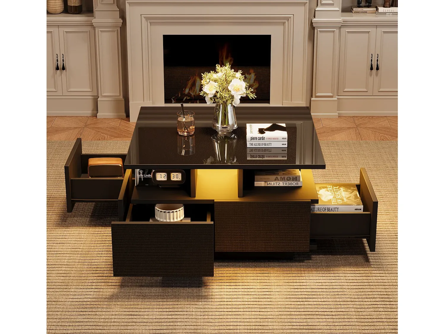 Mesa De Centro|ModernLuxe Mesa de centro quadrada brilhante 70×70×40 cm - com iluminação LED - 4 gavetas - Preto