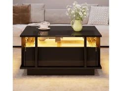 Mesa De Centro*ModernLuxe Mesa de centro quadrada brilhante 70x70x35 cm - con 2 gavetas - iluminação LED e prateleira de acrílico - painéis de partículas - Preto