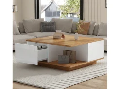 Hauss Spole Mesa de centro quadrada branca e nogueira com 3 gavetas, acabamento em madeira 70 x 70 x 31,5 cm^ Mesa De Centro