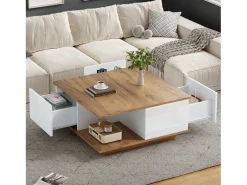 Hauss Spole Mesa de centro quadrada branca e nogueira com 3 gavetas, acabamento em madeira 70 x 70 x 31,5 cm^ Mesa De Centro