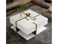 Mesa De Centro|Merax Mesa de centro quadrada com 4 gavetas - 78 x 78 x 34,8 cm - Aglomerado - brilhante Branco